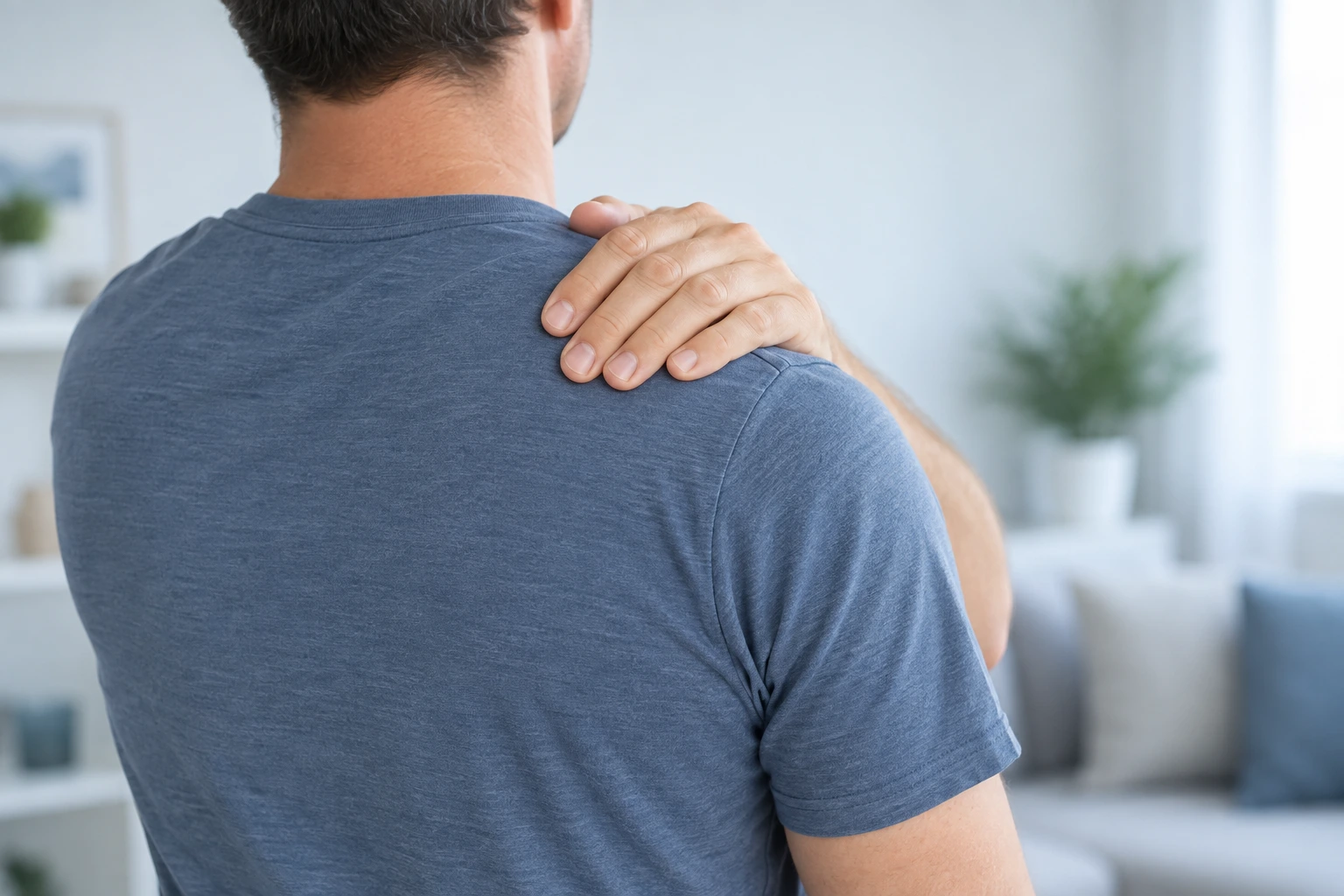 Generic AI-generated shoulder discomfort illustration; not an actual patient.