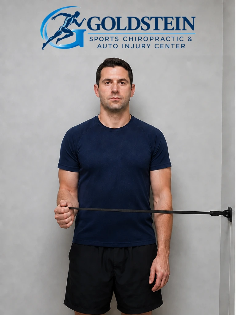 Resistance-band external rotation demonstration by an AI model, not Dr. Goldstein or a patient.
