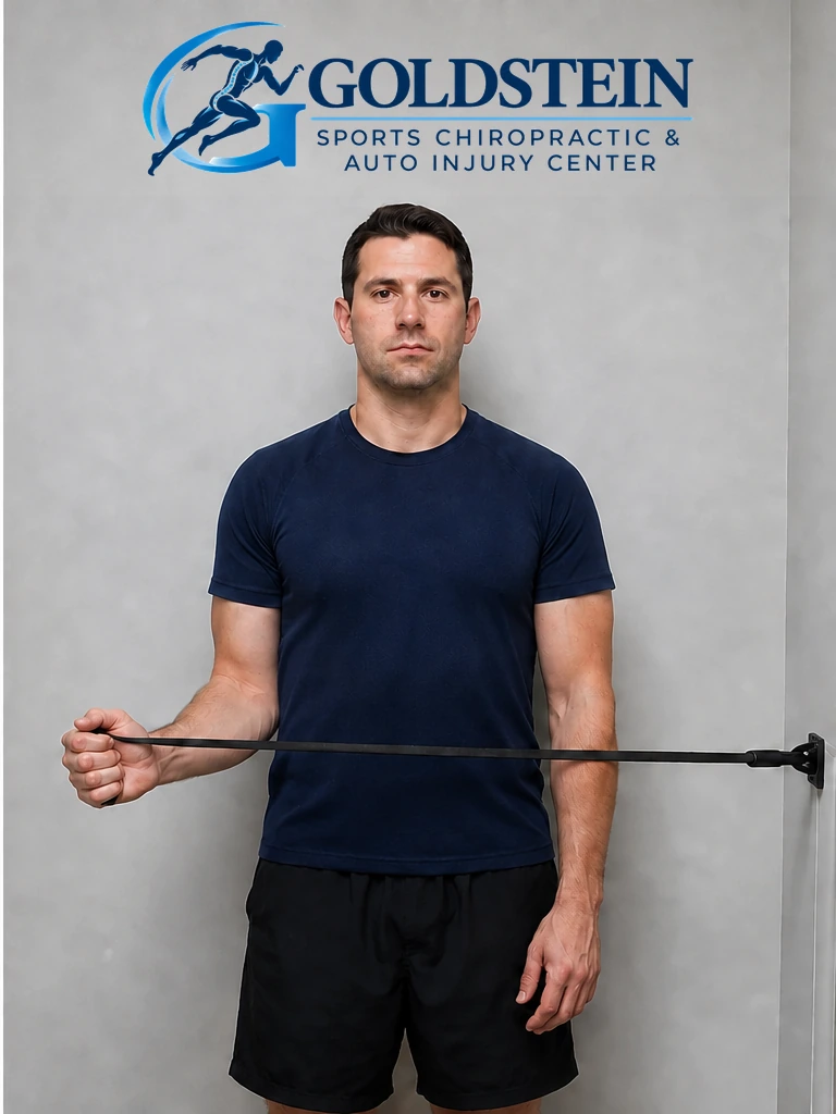 Rotate outward — elbow stays tucked. Temporary AI demonstration of Resistance-Band External Rotation; anonymous model, not Dr. Goldstein or a patient.