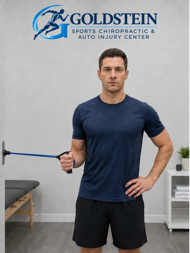 Elbow tucked — start. Temporary AI demonstration of Resistance-Band Internal Rotation; anonymous model, not Dr. Goldstein or a patient.
