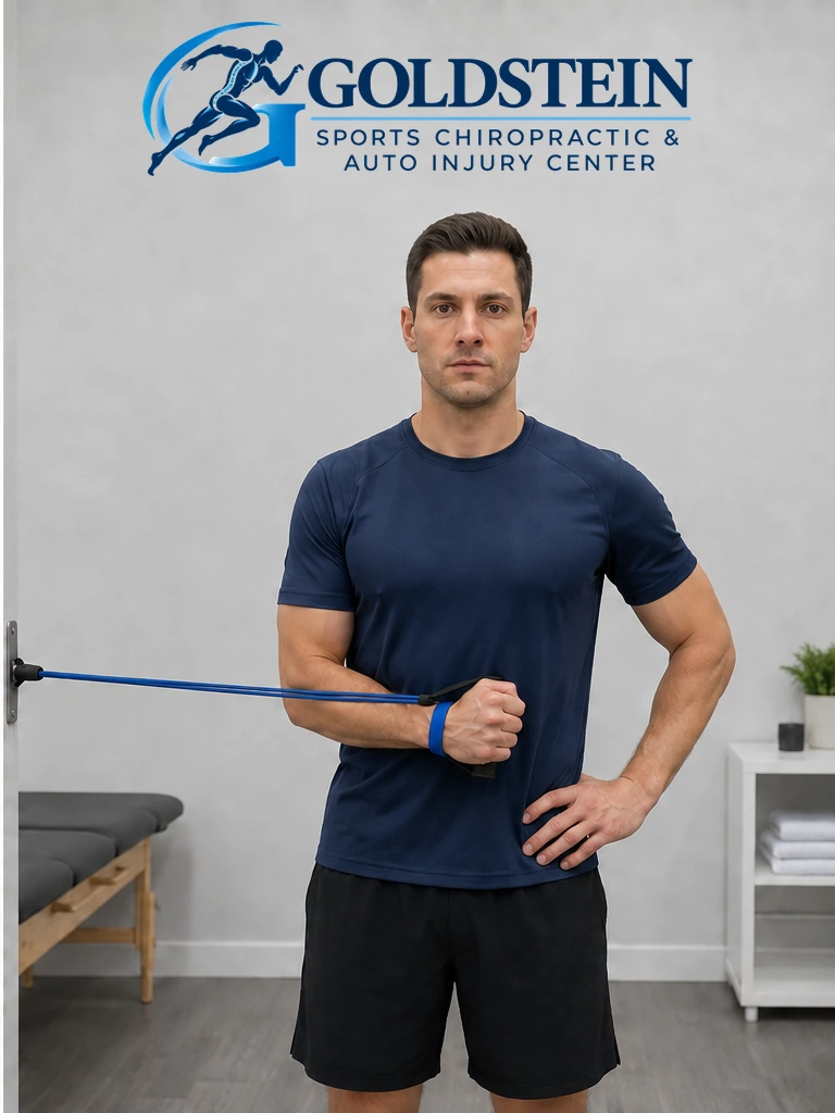 Rotate inward — elbow stays tucked. Temporary AI demonstration of Resistance-Band Internal Rotation; anonymous model, not Dr. Goldstein or a patient.