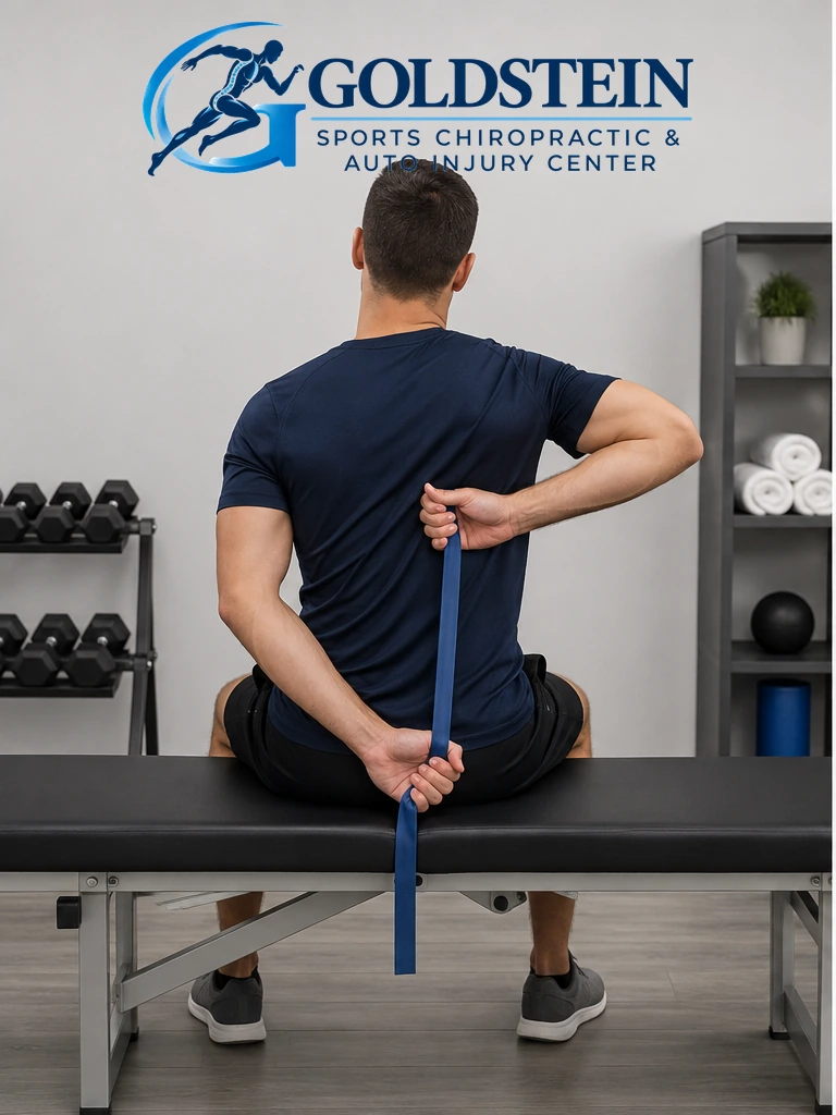 Band behind back. Temporary AI demonstration of Internal Stretch with Head Flexion; anonymous model, not Dr. Goldstein or a patient.
