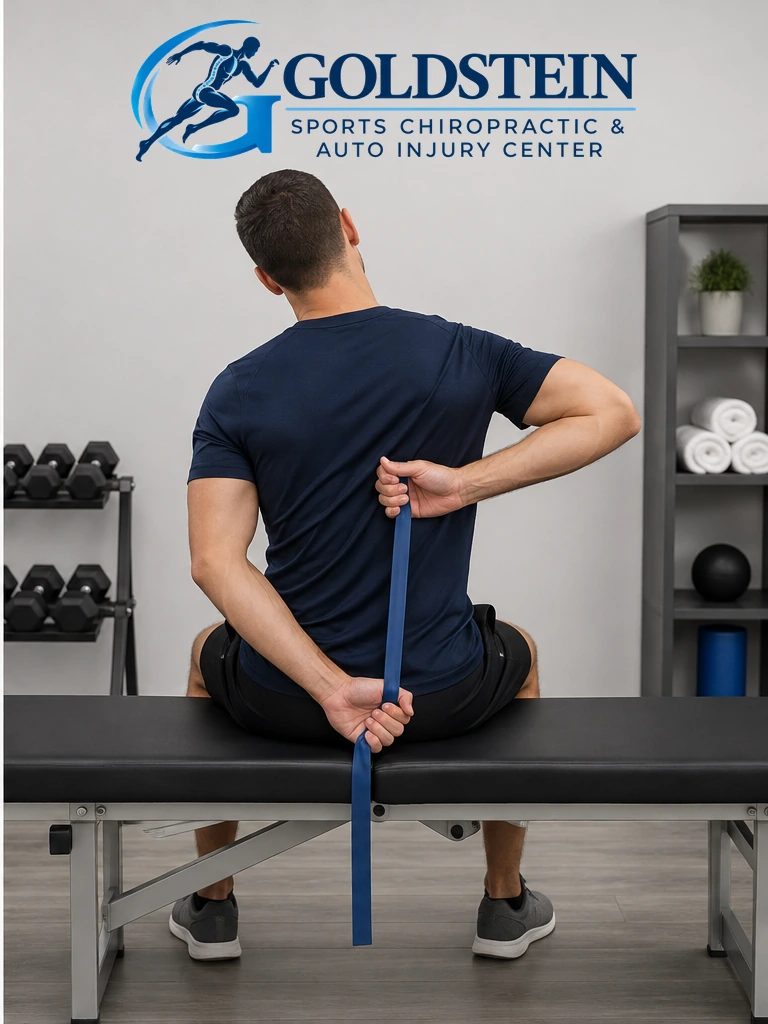 Head away from lowered shoulder. Temporary AI demonstration of Internal Stretch with Head Flexion; anonymous model, not Dr. Goldstein or a patient.