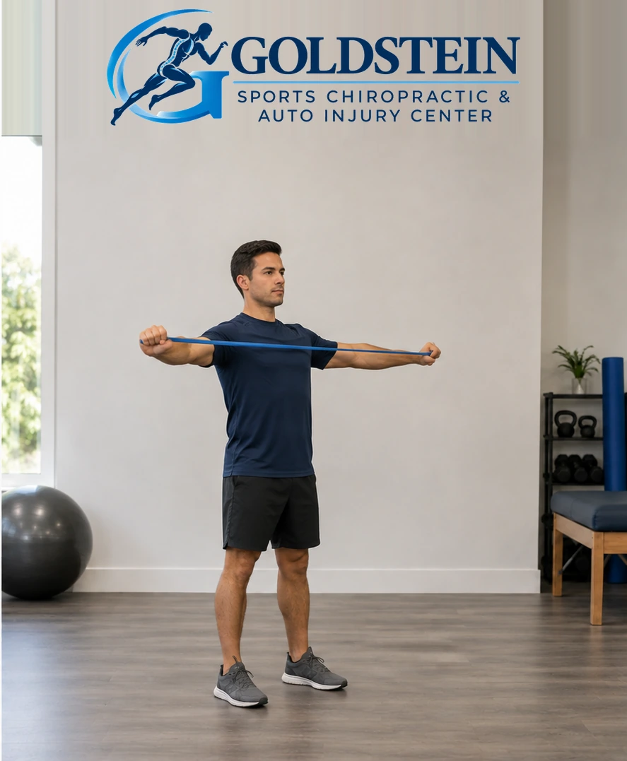 Movement position. Temporary AI demonstration of Scapular Retraction Band Pull-Apart; anonymous model, not Dr. Goldstein or a patient.
