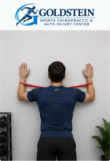Demonstration 1. Temporary AI model demonstrating Wall Slides with Band, not Dr. Goldstein. Start and movement positions are described in the instructions.