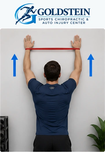 Demonstration 2. Temporary AI model demonstrating Wall Slides with Band, not Dr. Goldstein. Start and movement positions are described in the instructions.