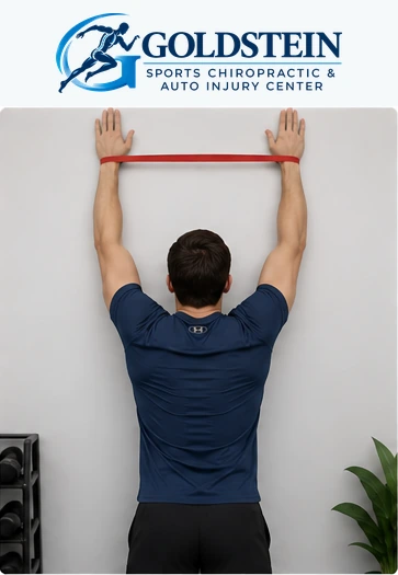 Demonstration 3. Temporary AI model demonstrating Wall Slides with Band, not Dr. Goldstein. Start and movement positions are described in the instructions.