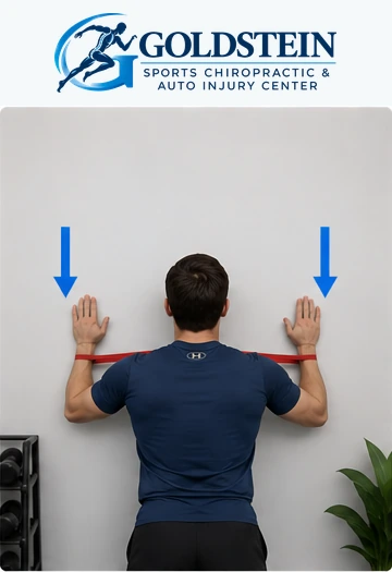 Demonstration 4. Temporary AI model demonstrating Wall Slides with Band, not Dr. Goldstein. Start and movement positions are described in the instructions.