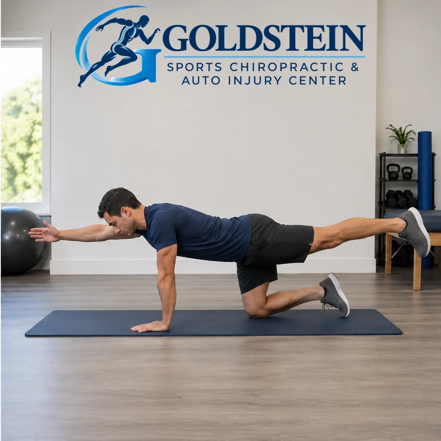 Movement position. Temporary AI model demonstrating Bird Dog, not Dr. Goldstein. Start and movement positions are described in the instructions.