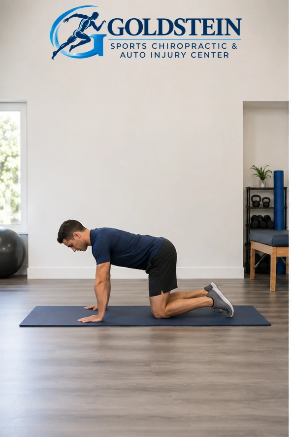 Start. Temporary AI model demonstrating Bird Dog with Elbow to Knee, not Dr. Goldstein. Start and movement positions are described in the instructions.