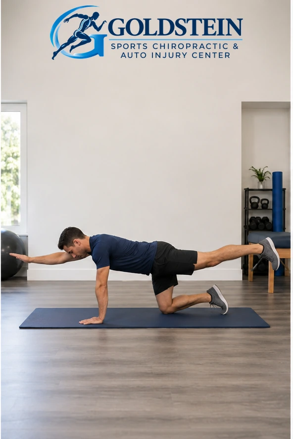 Opposite reach. Temporary AI model demonstrating Bird Dog with Elbow to Knee, not Dr. Goldstein. Start and movement positions are described in the instructions.