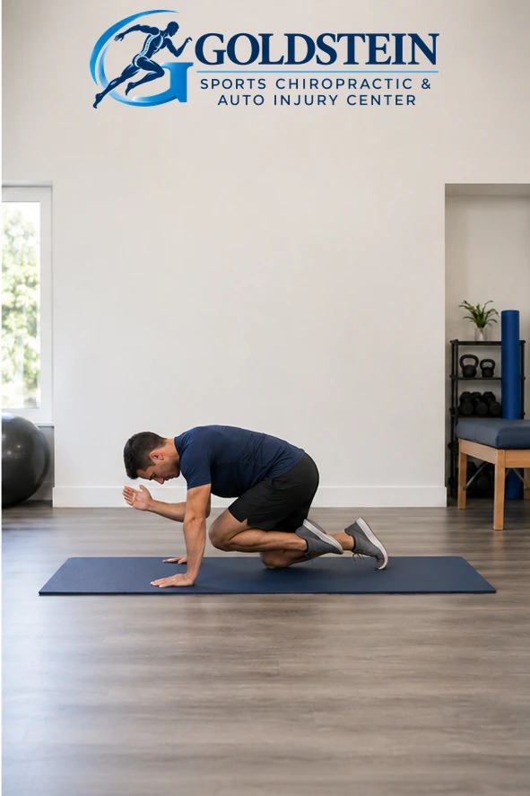 Elbow toward knee. Temporary AI model demonstrating Bird Dog with Elbow to Knee, not Dr. Goldstein. Start and movement positions are described in the instructions.