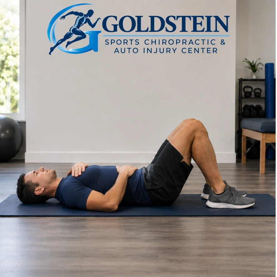 Relaxed exhale. Temporary AI model demonstrating Diaphragmatic Breathing, not Dr. Goldstein. Start and movement positions are described in the instructions.