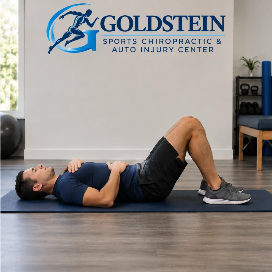 Gentle inhale. Temporary AI model demonstrating Diaphragmatic Breathing, not Dr. Goldstein. Start and movement positions are described in the instructions.