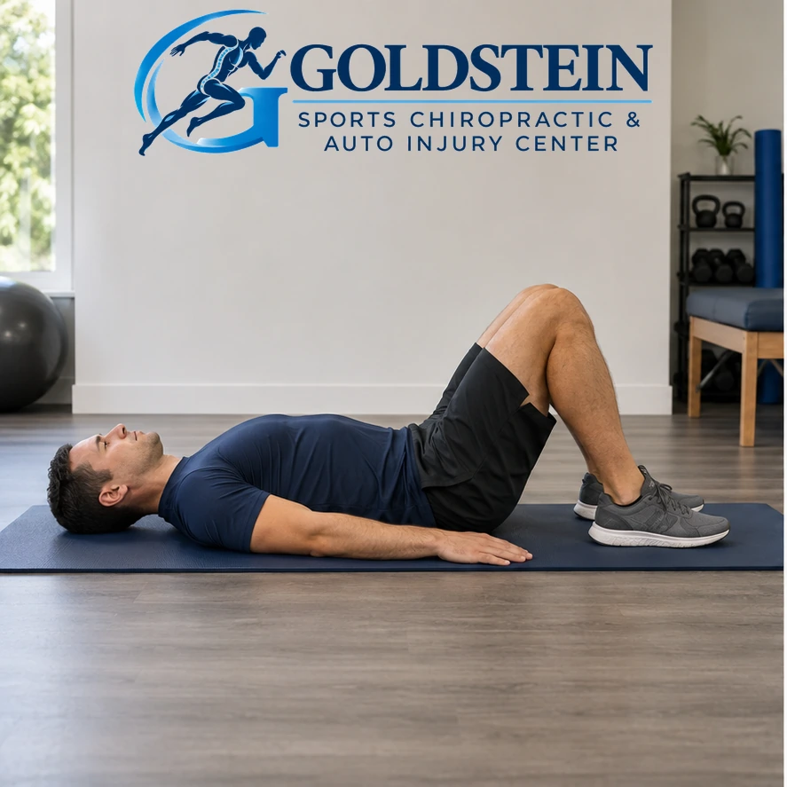 Start position. Temporary AI model demonstrating Bridge, not Dr. Goldstein. Start and movement positions are described in the instructions.