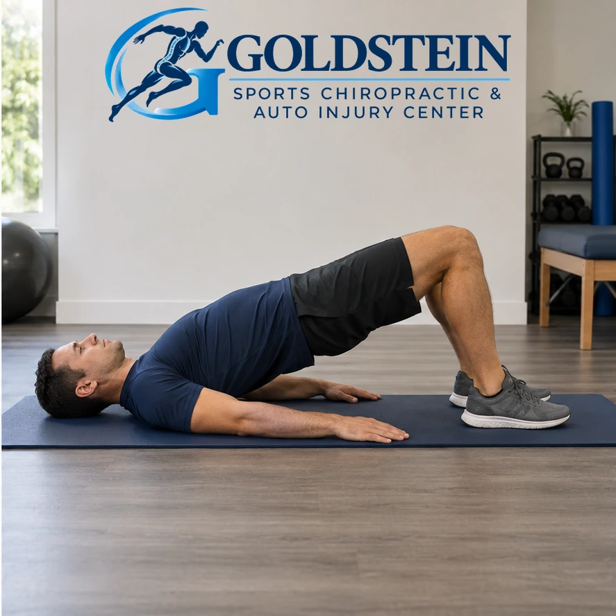Movement position. Temporary AI model demonstrating Bridge, not Dr. Goldstein. Start and movement positions are described in the instructions.