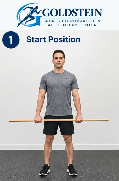 Start position. Temporary AI demonstration of Broomstick Shoulder Movement; anonymous model, not Dr. Goldstein or a patient.