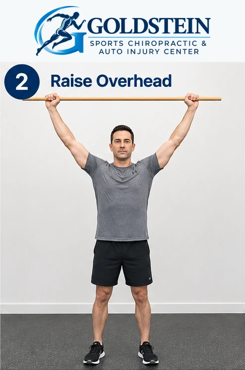 Overhead position. Temporary AI demonstration of Broomstick Shoulder Movement; anonymous model, not Dr. Goldstein or a patient.