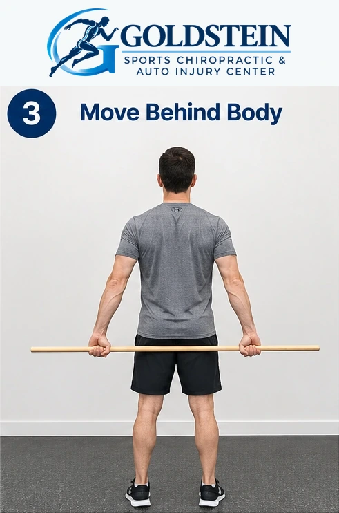 Behind-body position. Temporary AI demonstration of Broomstick Shoulder Movement; anonymous model, not Dr. Goldstein or a patient.