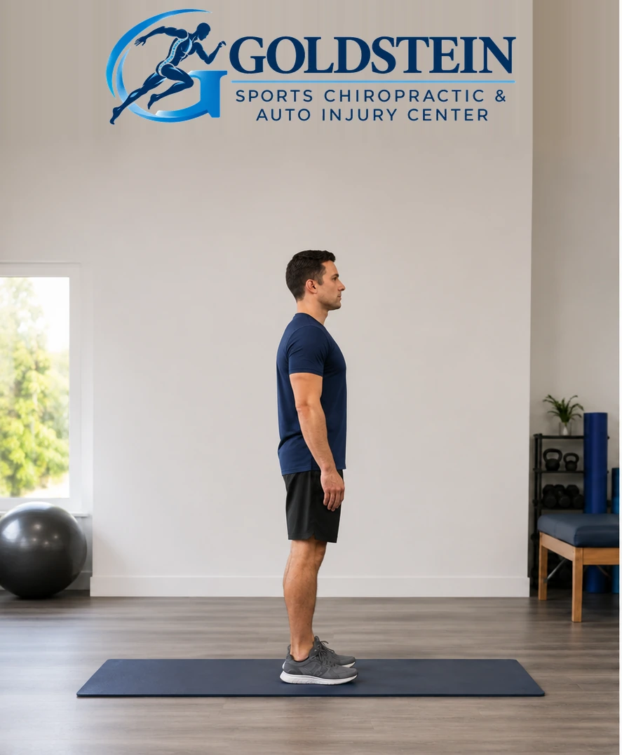 Start position. Temporary AI demonstration of Calf Raises; not Dr. Goldstein or an actual patient.
