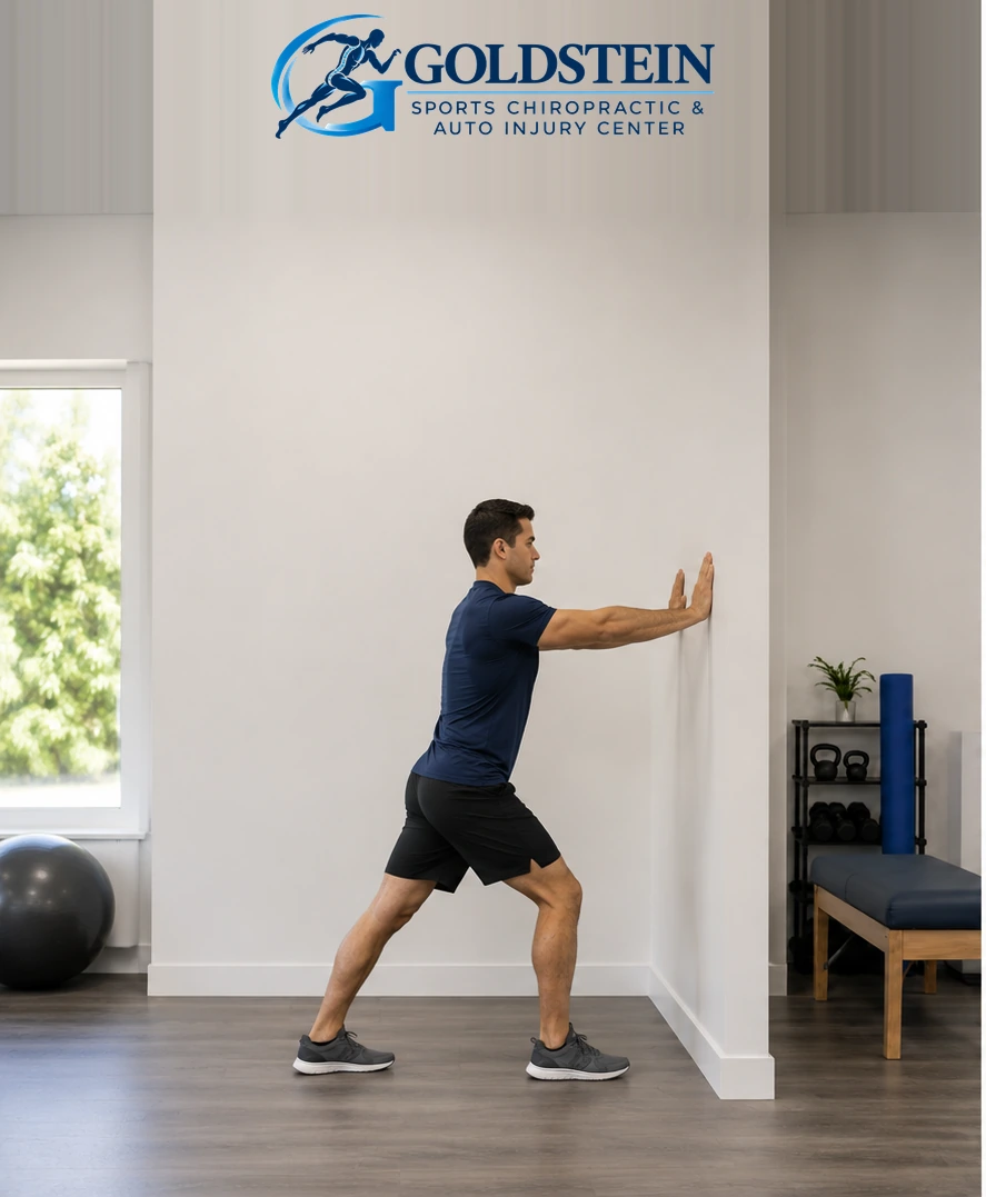 Calf stretch demonstration by an AI model, not Dr. Goldstein or a patient.