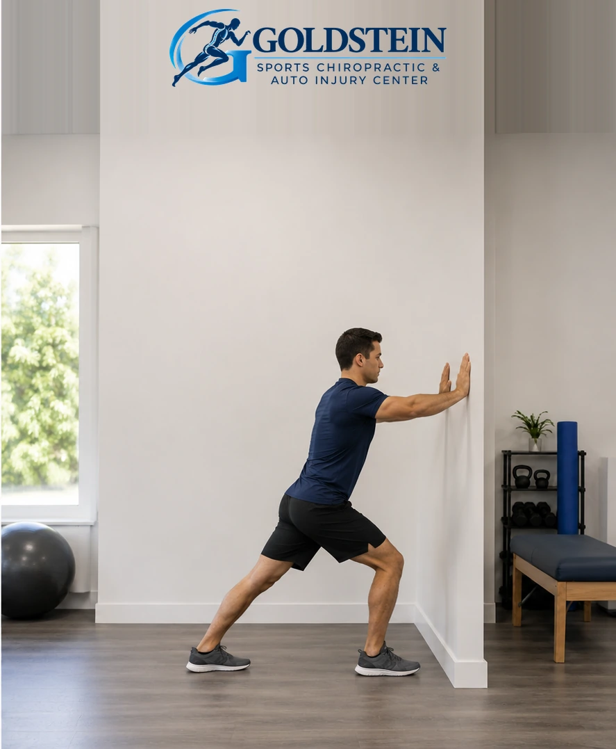 Movement position. Temporary AI demonstration of Calf Stretch; not Dr. Goldstein or an actual patient.