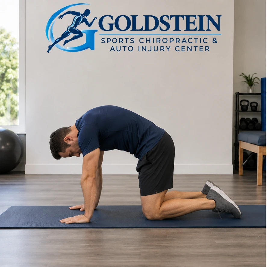 Rounded position. Temporary AI model demonstrating Cat-Cow Stretch, not Dr. Goldstein. Start and movement positions are described in the instructions.