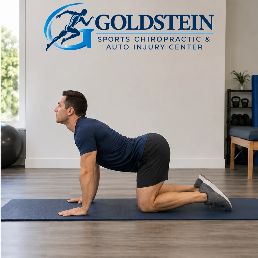 Extended position. Temporary AI model demonstrating Cat-Cow Stretch, not Dr. Goldstein. Start and movement positions are described in the instructions.