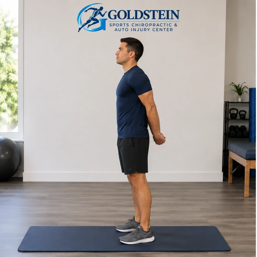 Start position. Temporary AI model demonstrating Chest Opener Stretch, not Dr. Goldstein. Start and movement positions are described in the instructions.