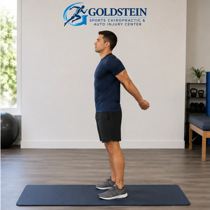 Movement position. Temporary AI model demonstrating Chest Opener Stretch, not Dr. Goldstein. Start and movement positions are described in the instructions.