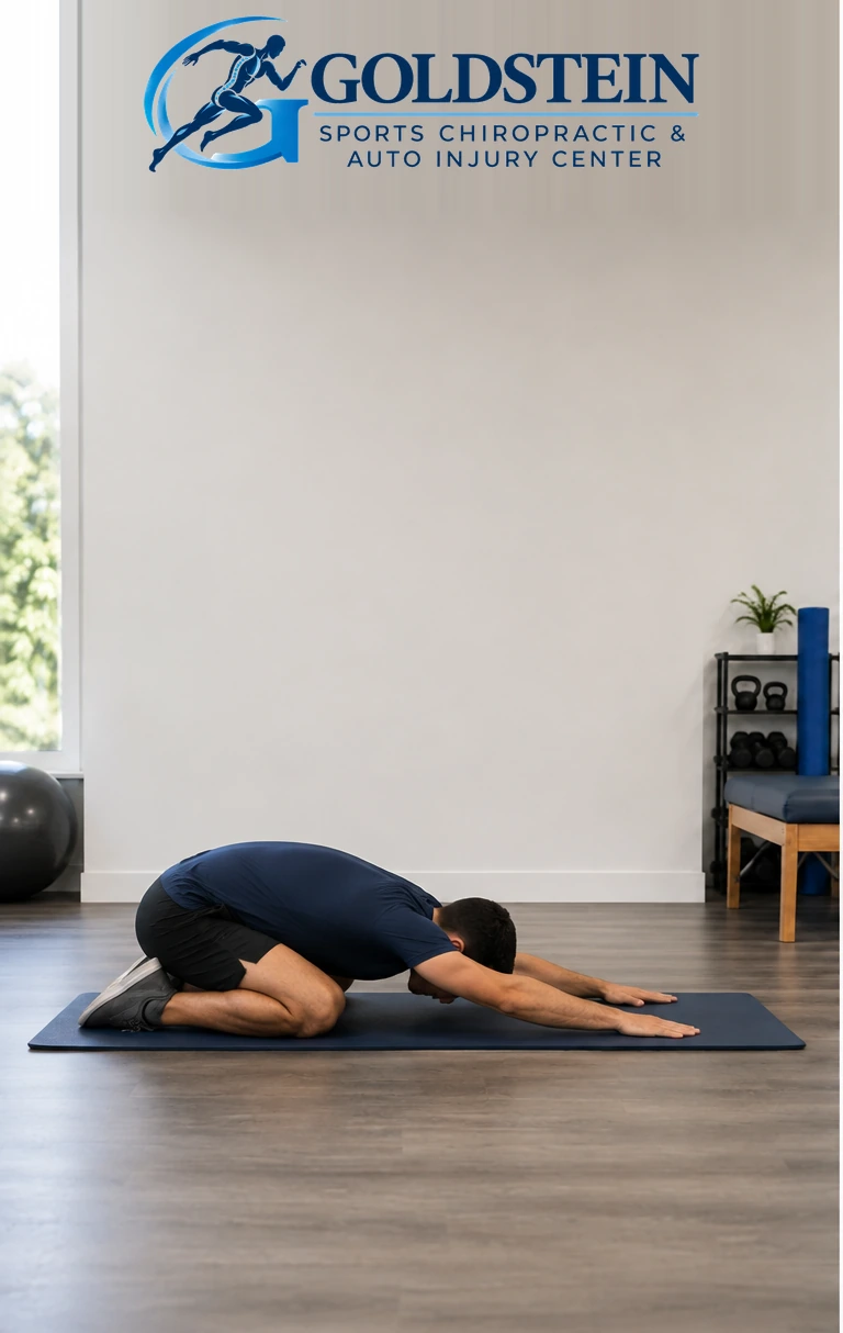 Setup position. Temporary AI demonstration of Child’s Pose; anonymous model, not Dr. Goldstein or a patient.