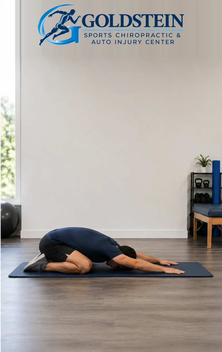 Hold position. Temporary AI demonstration of Child’s Pose; anonymous model, not Dr. Goldstein or a patient.