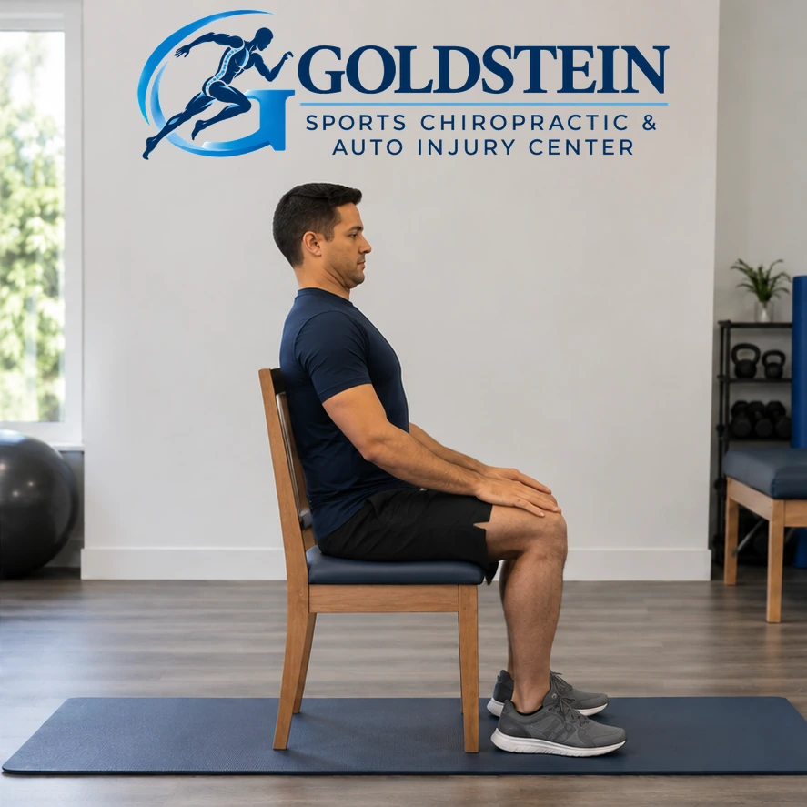 Movement position. Temporary AI model demonstrating Chin Tucks, not Dr. Goldstein. Start and movement positions are described in the instructions.