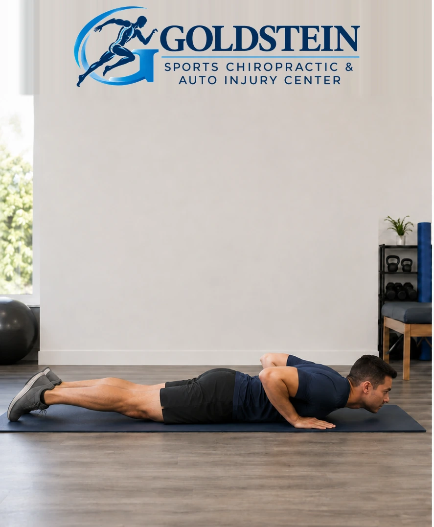 Start position. Temporary AI demonstration of Cobra · Straight-Arm Press-Up; anonymous model, not Dr. Goldstein or a patient.