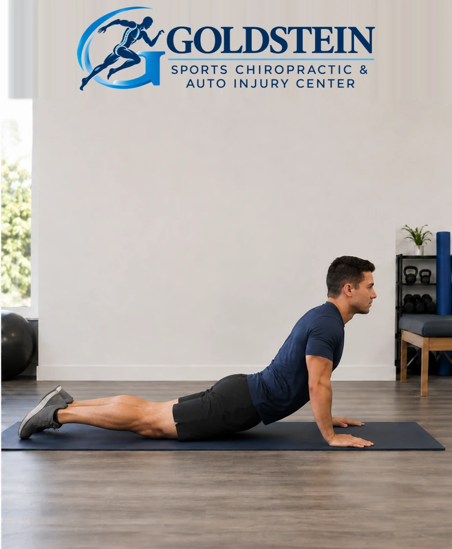 Movement position. Temporary AI demonstration of Cobra · Straight-Arm Press-Up; anonymous model, not Dr. Goldstein or a patient.