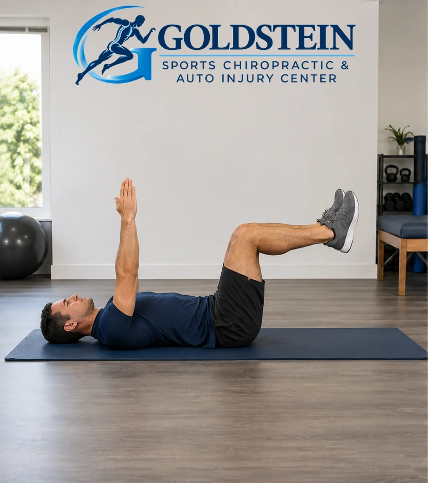 Start position. Temporary AI model demonstrating Dead Bug, not Dr. Goldstein. Start and movement positions are described in the instructions.