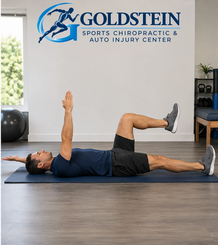 Movement position. Temporary AI model demonstrating Dead Bug, not Dr. Goldstein. Start and movement positions are described in the instructions.