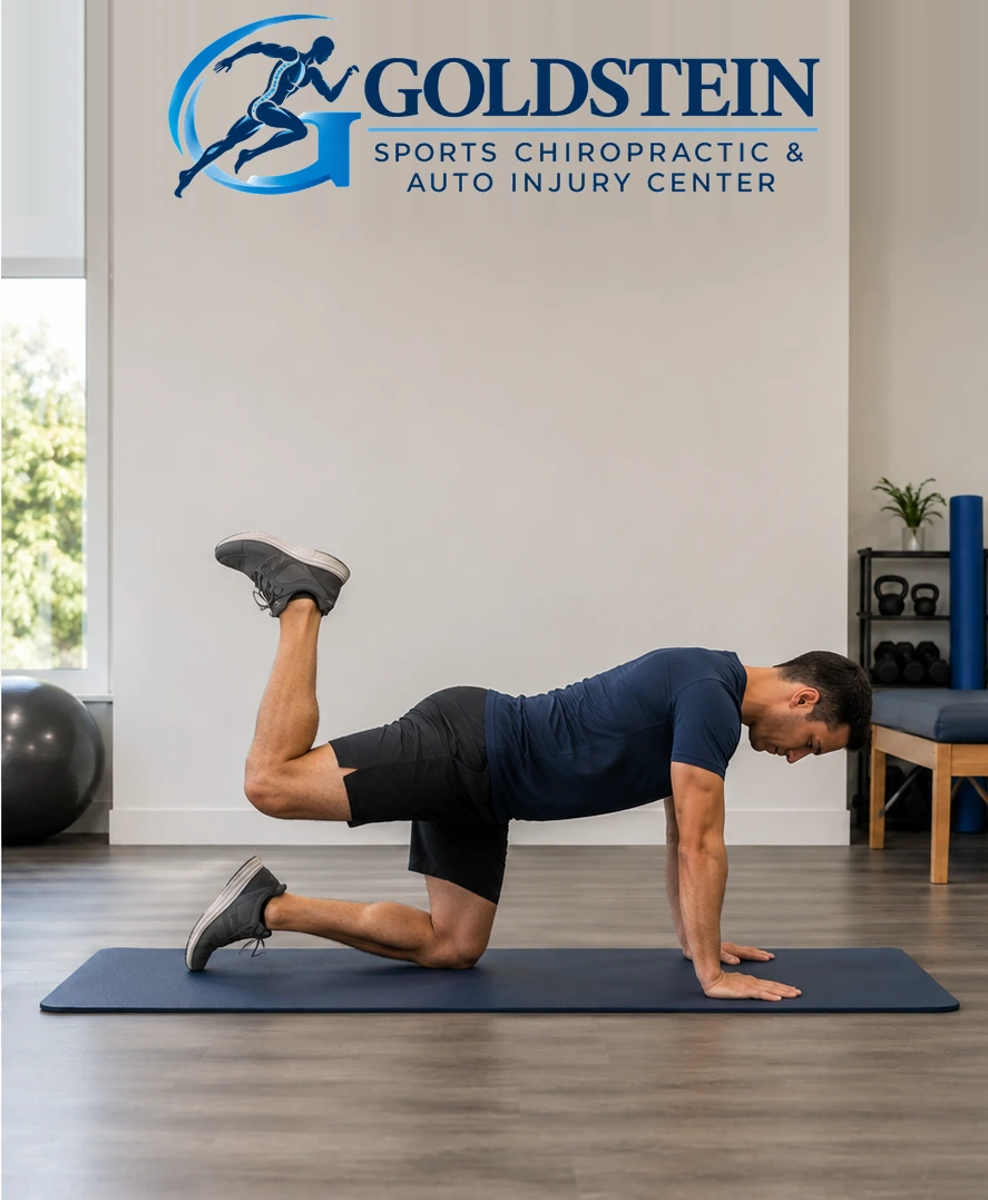 Movement position. Temporary AI demonstration of Donkey Kicks; not Dr. Goldstein or an actual patient.