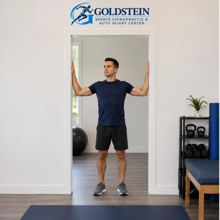 Start position. Temporary AI model demonstrating Doorway Pec Stretch, not Dr. Goldstein. Start and movement positions are described in the instructions.