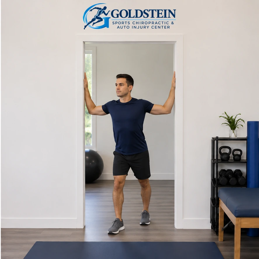 Movement position. Temporary AI model demonstrating Doorway Pec Stretch, not Dr. Goldstein. Start and movement positions are described in the instructions.