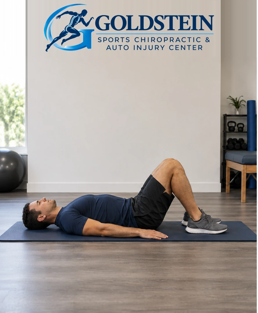 Start position. Temporary AI demonstration of Double Knee to Chest; anonymous model, not Dr. Goldstein or a patient.
