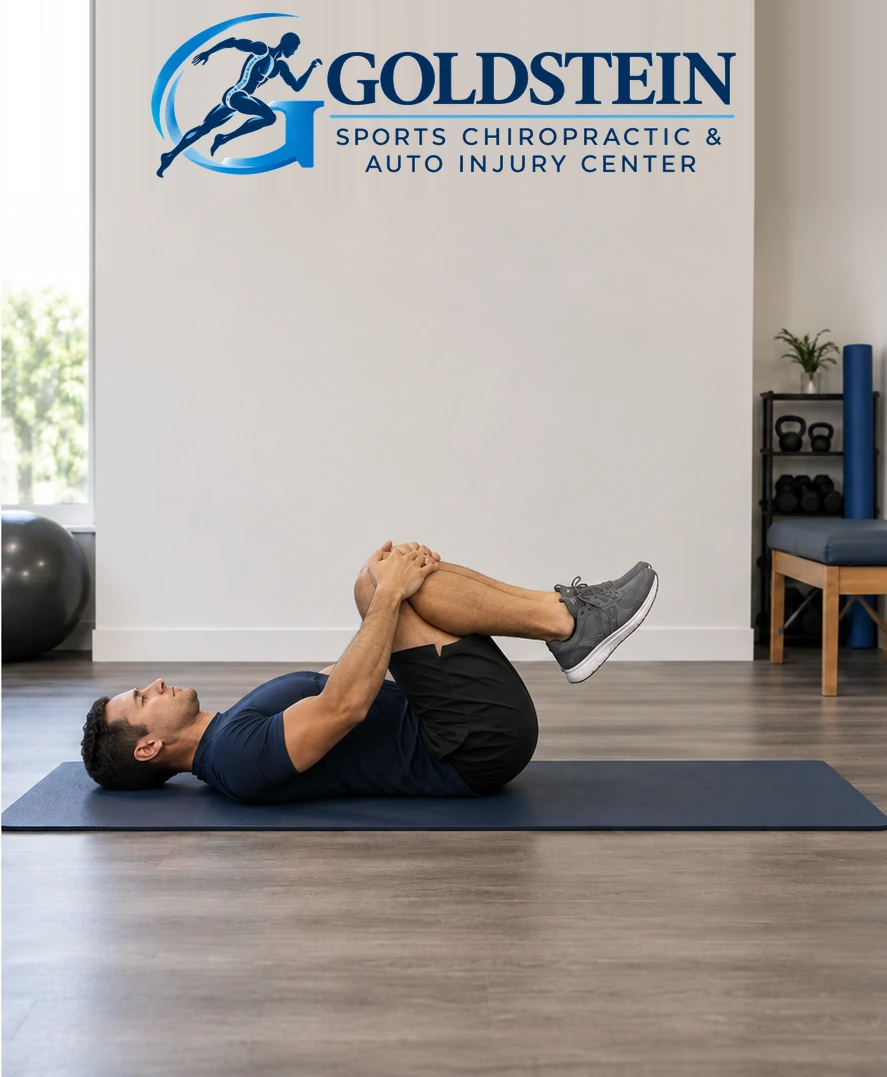 Movement position. Temporary AI demonstration of Double Knee to Chest; anonymous model, not Dr. Goldstein or a patient.