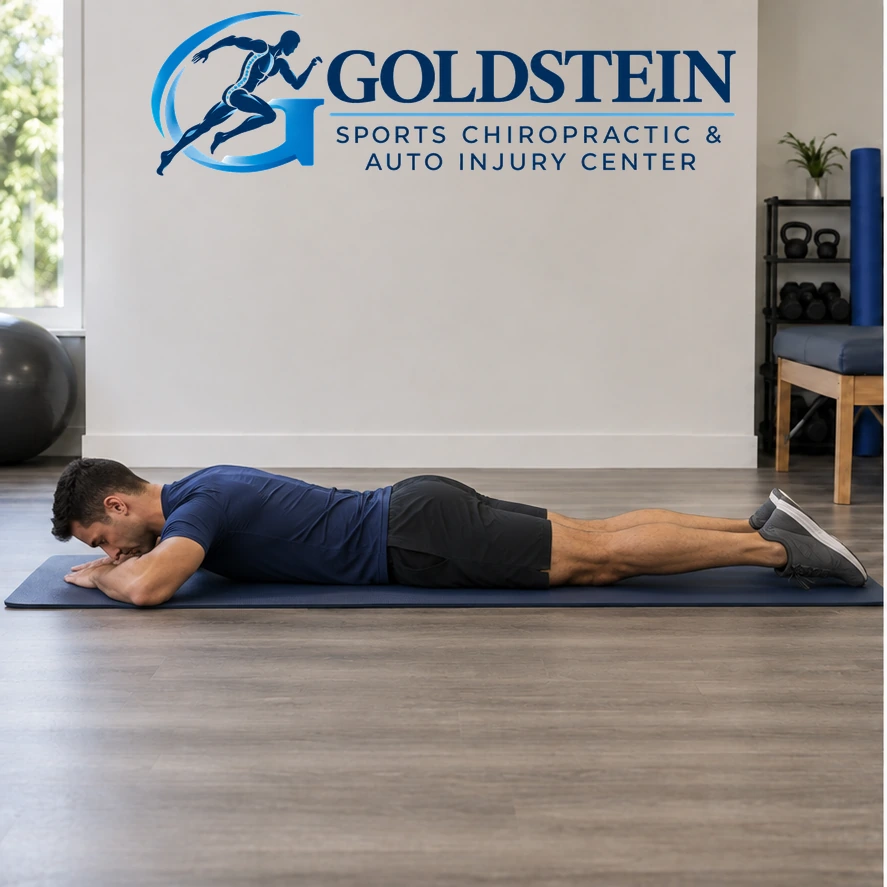 Start position. Temporary AI model demonstrating Prone Forearm Prop, not Dr. Goldstein. Start and movement positions are described in the instructions.
