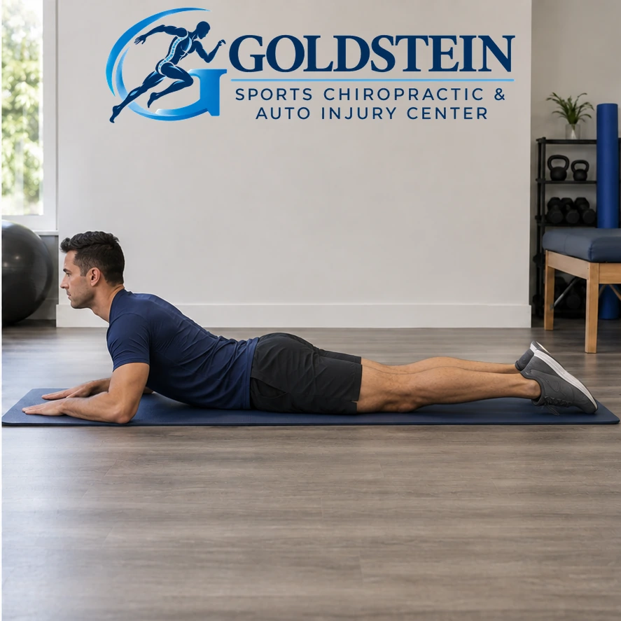 Movement position. Temporary AI model demonstrating Prone Forearm Prop, not Dr. Goldstein. Start and movement positions are described in the instructions.