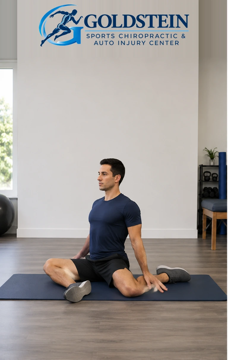 Setup position. Temporary AI demonstration of Seated 90/90 Hip Stretch; not Dr. Goldstein or a patient.