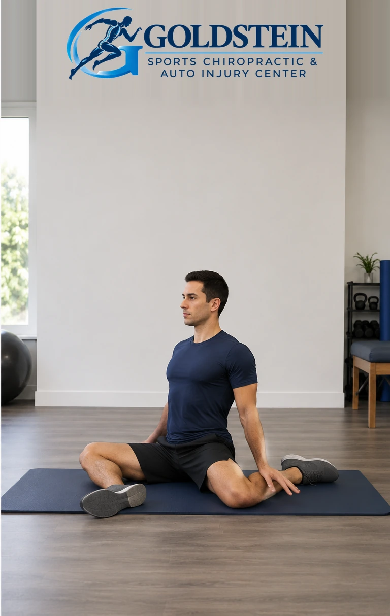 Hold position. Temporary AI demonstration of Seated 90/90 Hip Stretch; not Dr. Goldstein or a patient.
