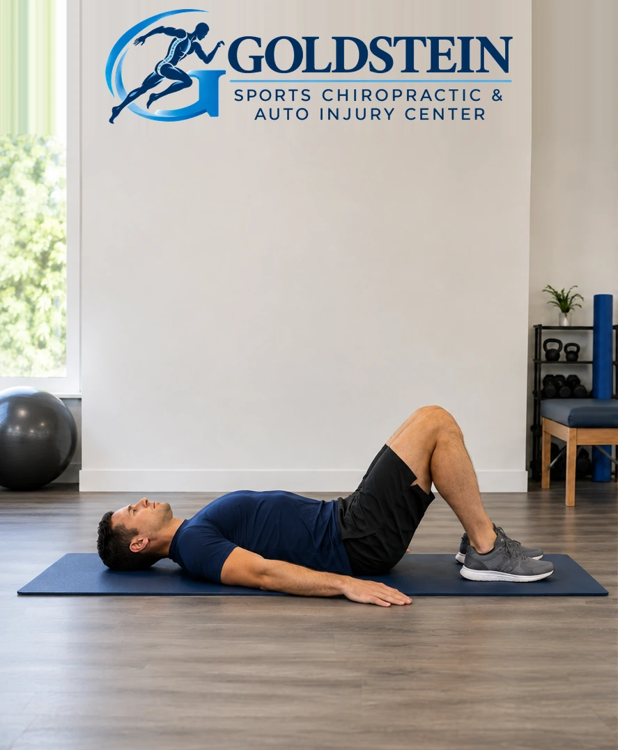 Start position. Temporary AI demonstration of Side-to-Side Knee Movement; anonymous model, not Dr. Goldstein or a patient.