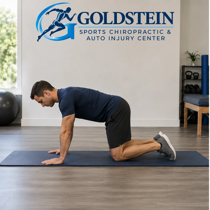 Start position. Temporary AI model demonstrating the knees-down plank option, not Dr. Goldstein.