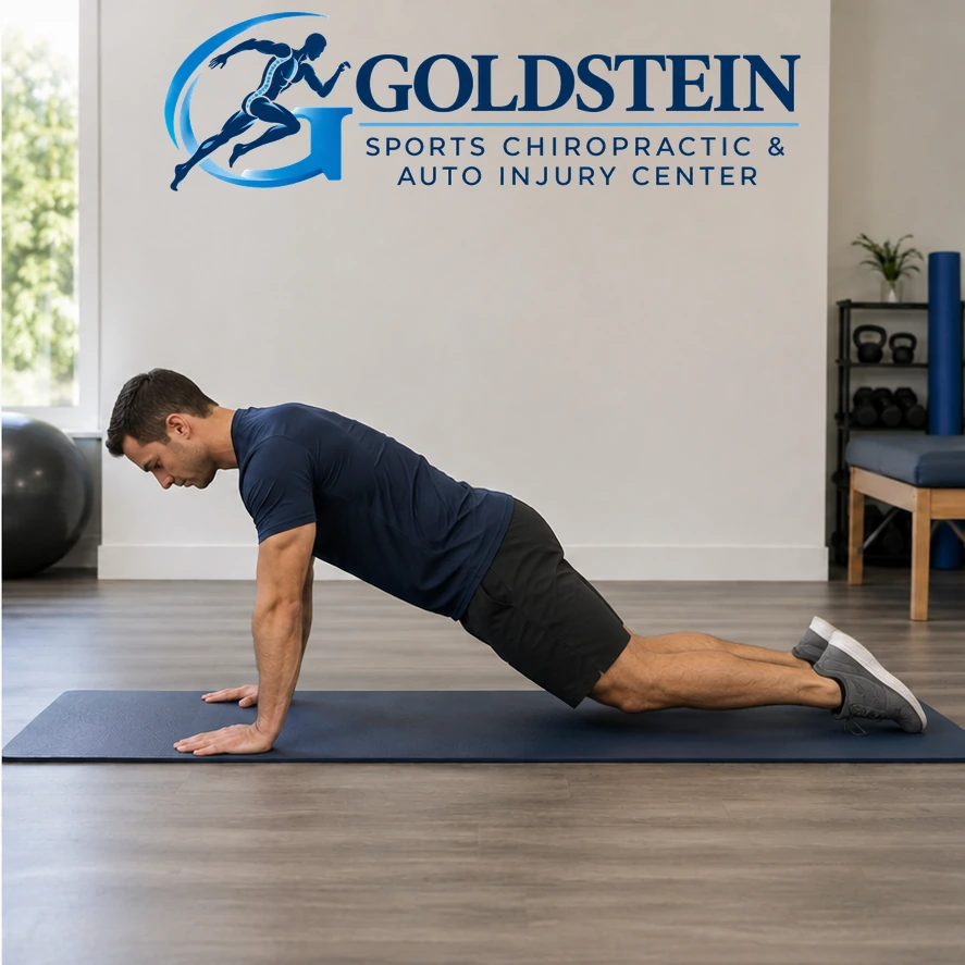 Movement position. Temporary AI model demonstrating the knees-down plank option, not Dr. Goldstein.