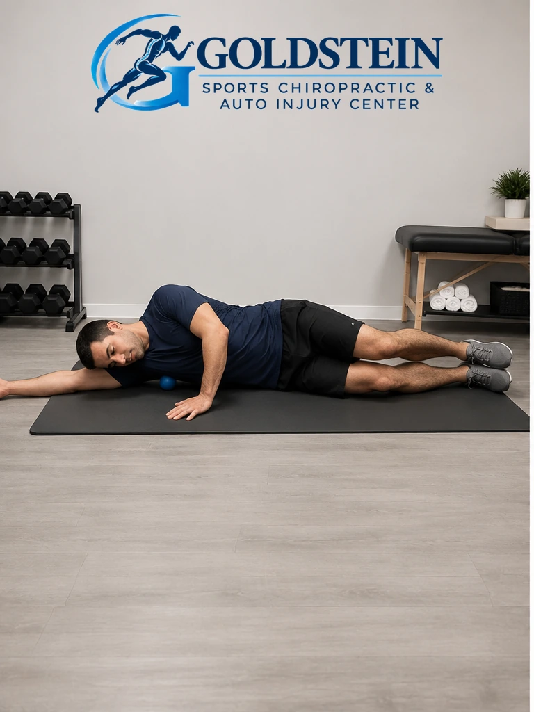 Ball below armpit. Temporary AI demonstration of Lat Smash with Lacrosse Ball; anonymous model, not Dr. Goldstein or a patient.